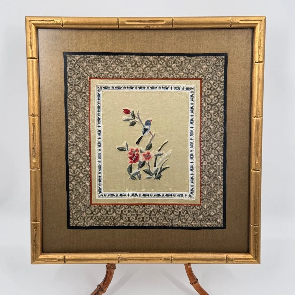 Chinese Silk Embroidery of Bird and Flowers in Bamboo Frame
